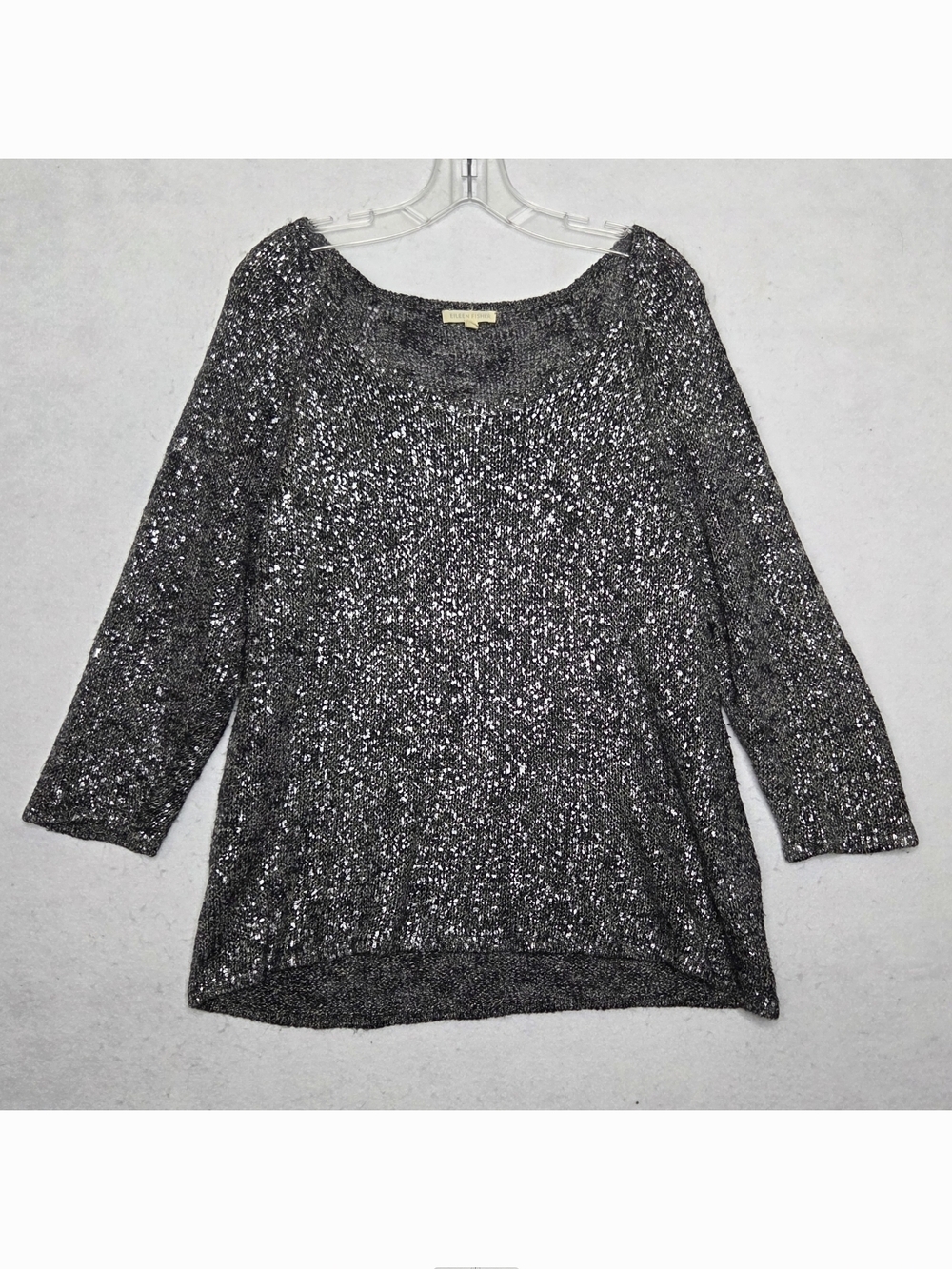 Eileen Fisher Womens XL Shimmer Karma Stitch Black Silver Sweater Linen Blend